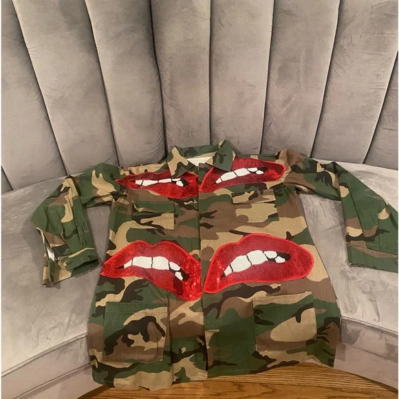Jackets Coats Camo And Red Lip Jacket Poshmark